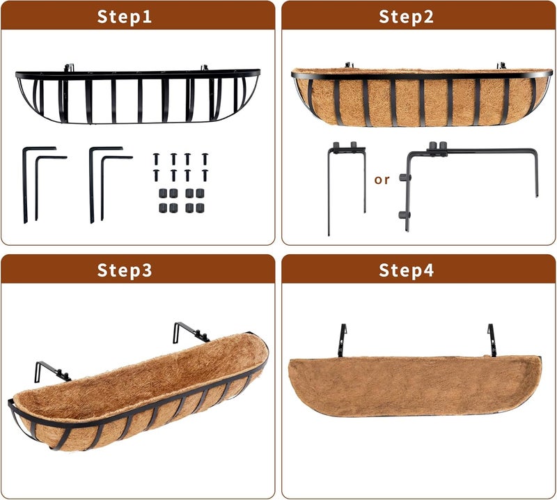 YM 30 Inch Window Deck with Coco Liner, 30" Window Boxes Horse Trough with Coconut Coir Liner, Fence Metal Hanging Flower Planter Window Basket Deck Railing Planter Boxes for Outdoor Garden Lawn, 2pcs - Image 3
